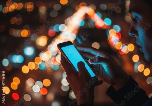 Fototapeta Person holding a glowing smartphone against a bokeh background of city lights