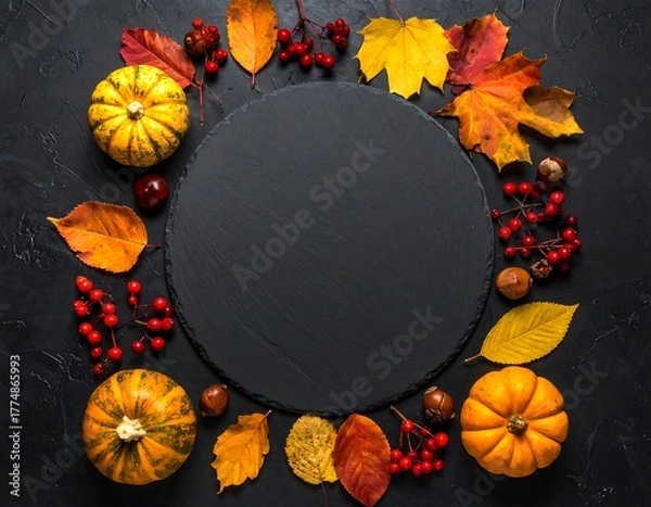 Obraz Autumnal Still Life with Pumpkins, Leaves, and Berries on Dark Background.