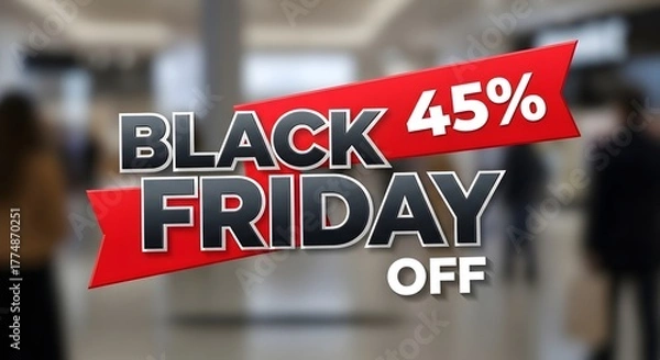 Fototapeta Black friday sale banner with forty five percent off in a shopping mall with blurred background