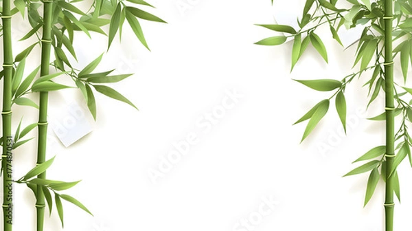 Fototapeta Green bamboo stalks and leaves frame a clean white background creating a natural border for text or design elements