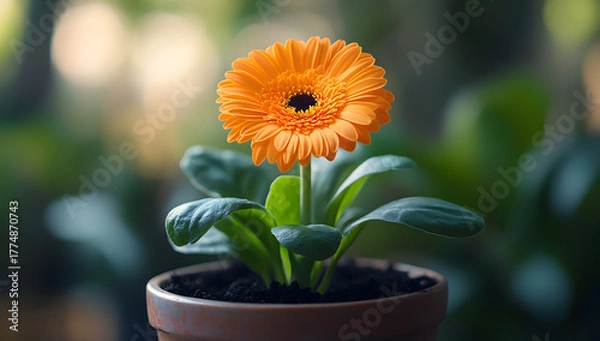 Fototapeta Close up of a vibrant orange gerbera daisy blooming in a terracotta pot with soft green foliage in the background
