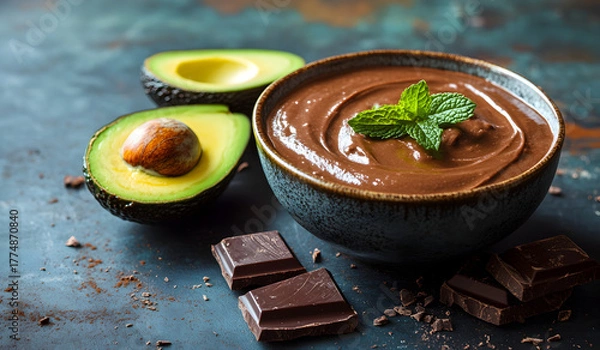 Fototapeta Rich and creamy chocolate avocado mousse served in a dark bowl garnished with fresh mint leaves and dark chocolate pieces