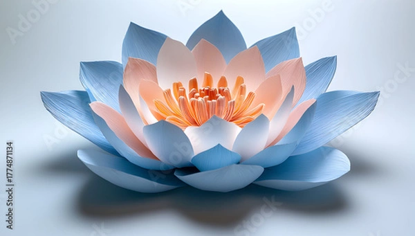 Fototapeta Serene and luminous lotus flower with delicate blue and peach petals glowing with inner light