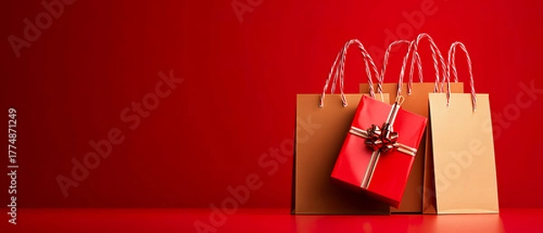 Obraz Christmas composition with red gift bags, sparkling glitter, and festive decor on bright red background. Warm and joyful holiday mockup  for greeting cards, ads, and New Year promotions.