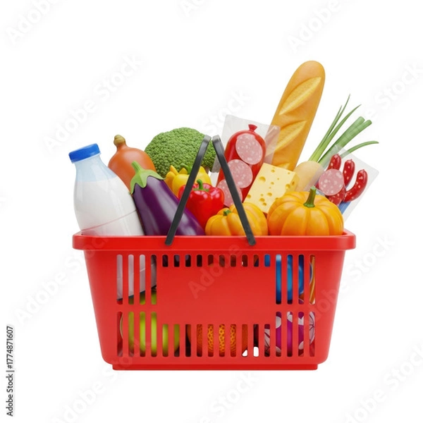 Fototapeta Red shopping basket filled with various groceries isolated on transparent background
