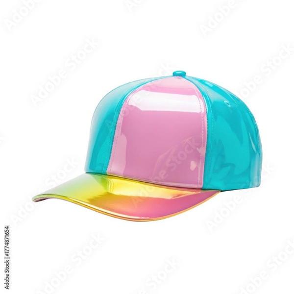 Obraz Shiny baseball cap with a pink and blue crown and a rainbow colored brim isolated on transparent background