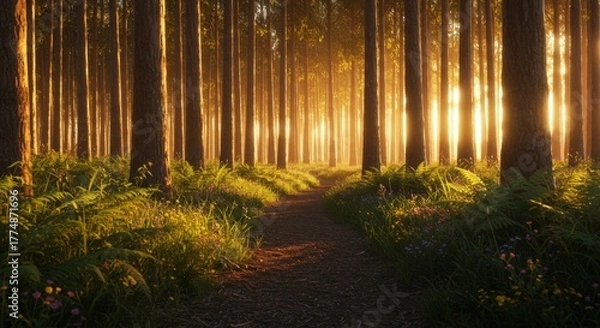 Obraz Forest trail with sunlight filtering through tall eucalyptus trees