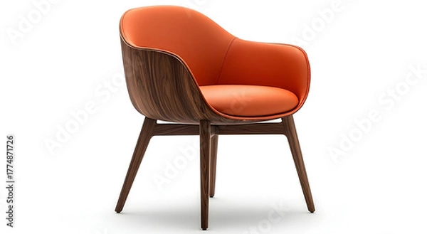Fototapeta Modern orange upholstered armchair with dark wood frame and textured side panels isolated on white background