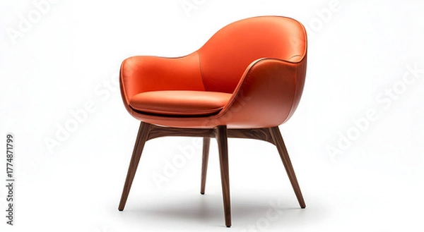 Fototapeta Modern orange armchair with curved back and tapered wooden legs on a white background elegant accent furniture