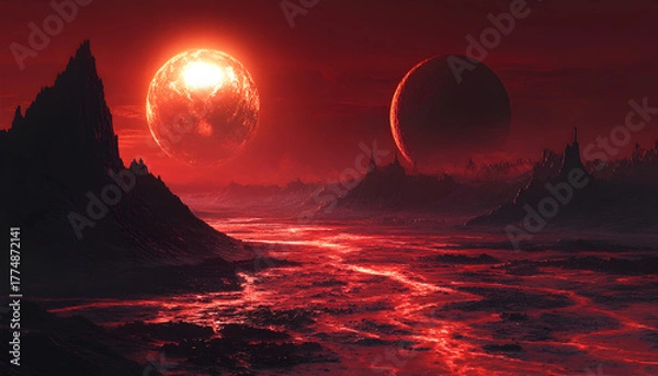 Fototapeta Alien planet landscape with a fiery red sun and glowing lava river under a hazy atmosphere