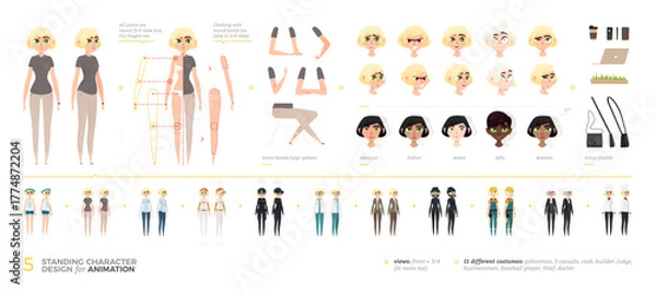 Obraz Diverse female character creator set for animation with full-body poses, outfits, and professions. Includes editable heads of various ethnicities in front and 3 quarter view for design projects.