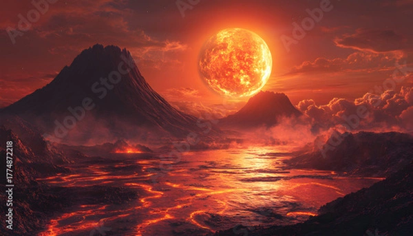 Fototapeta Dramatic alien landscape with a fiery red sun setting over molten lava rivers and jagged mountains under a cloudy sky