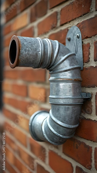 Fototapeta Close up of a weathered metal ventilation pipe attached to a red brick wall with a textured surface