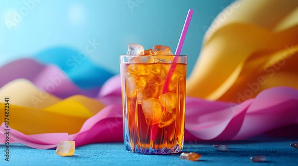 Fototapeta Refreshing tall glass of iced tea with ice cubes and a straw against a vibrant abstract colorful background