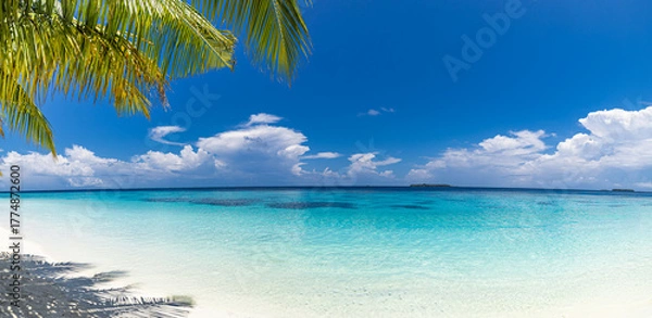 Fototapeta Tranquil tropical landscape. Relaxing paradise island beach sunlight blue sea sky palm leaves. White sand closeup on perfect summer vacation outdoors. Gorgeous nature view popular travel destination 