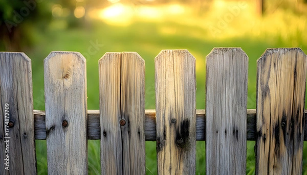 Fototapeta Rustic weathered wooden fence posts in a row with a soft green blurry background and warm sunlight filtering through