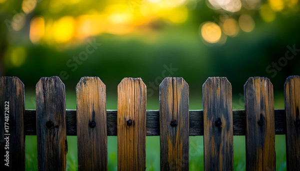 Fototapeta Rustic wooden fence posts in soft focus with warm golden bokeh lights in the background