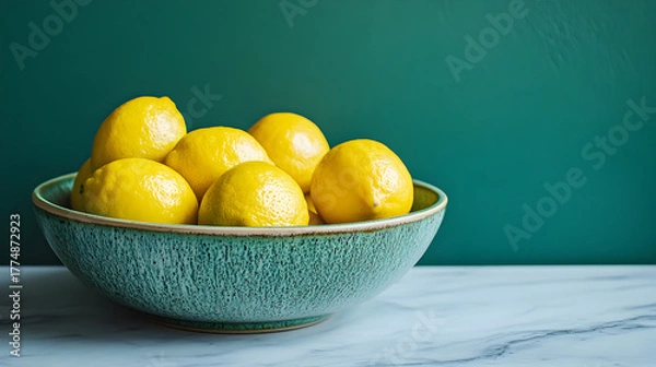 Fototapeta A vibrant bowl overflowing with fresh ripe yellow lemons against a deep teal green textured wall backdrop on a marble surface