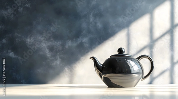 Fototapeta A sleek black ceramic teapot sits on a white surface bathed in dramatic sunlight and shadow from a window