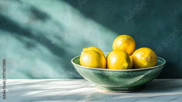 Fototapeta A rustic green ceramic bowl filled with ripe yellow lemons casting shadows on a textured teal background with dappled sunlight