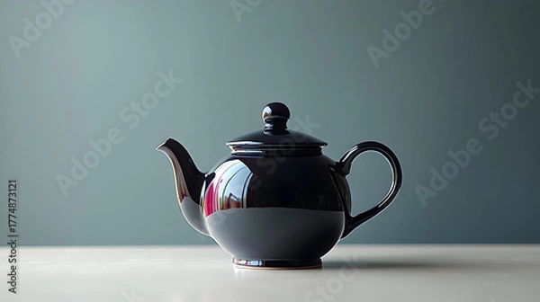 Fototapeta Elegant dark blue ceramic teapot with a glossy finish rests on a white surface against a muted grey background
