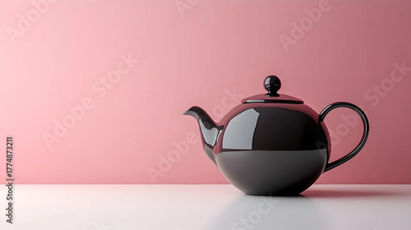 Fototapeta Elegant dark ceramic teapot with a smooth glossy finish set against a soft pastel pink background on a white surface