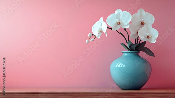 Fototapeta Delicate white orchids in a turquoise vase against a soft pink background on a wooden surface