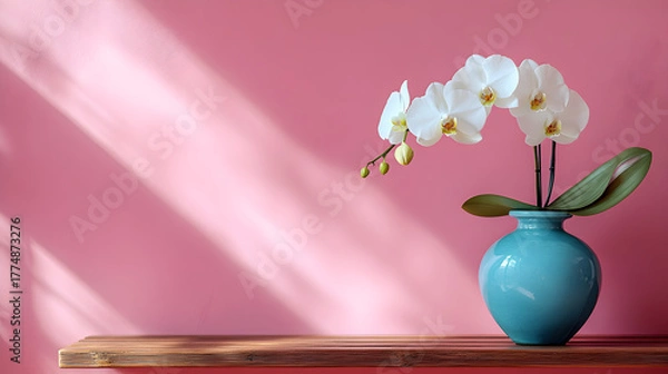 Fototapeta Delicate white orchid in a vibrant teal vase against a soft pink wall with dramatic light and shadow patterns
