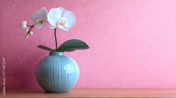 Fototapeta Delicate white orchid flowers bloom in a textured teal vase against a soft pink textured background on a wooden surface