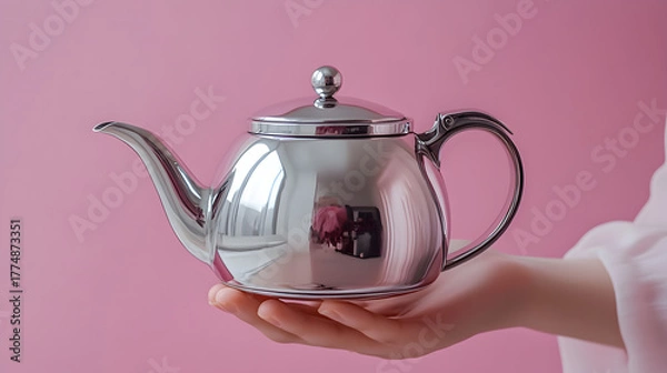 Fototapeta Elegant polished silver teapot held delicately in a person s hand against a soft pink background showcasing a classic design
