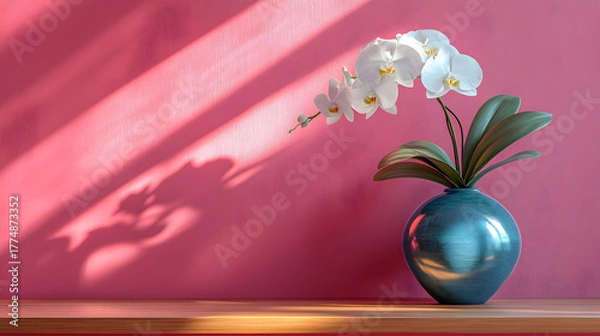 Fototapeta Elegant white orchid in a metallic blue vase casting a delicate shadow against a textured pink wall with striped light