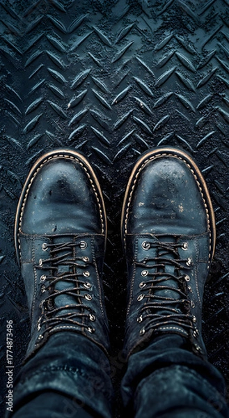 Fototapeta Close up overhead view of worn black leather combat boots with laces standing on a textured dark metal industrial floor surface