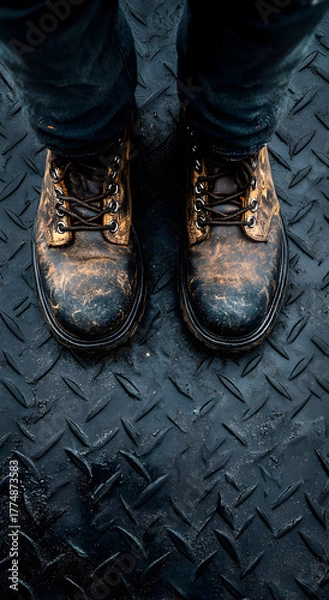 Fototapeta Close up of worn leather work boots standing on a textured metal diamond plate floor in a dimly lit industrial setting