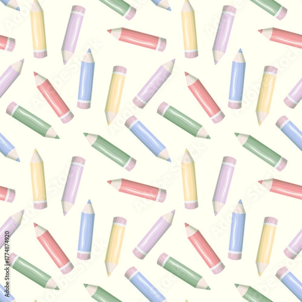 Fototapeta Seamless pattern with colorful pencils in pastel tones. Cute school and art background for stationery, fabric, wrapping paper, or kids’ design. Vector illustration for education and creativity themes.