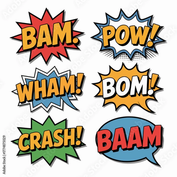Fototapeta Comic book sound effects like BAM, POW, WHAM, BOM, CRASH, and BAAM burst from speech bubbles.