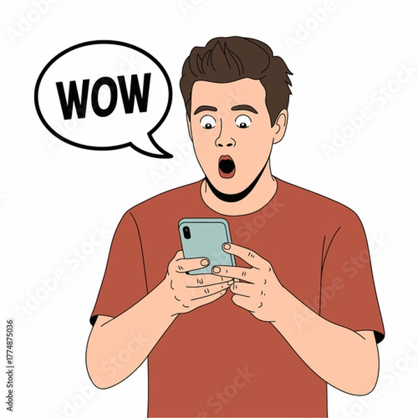 Fototapeta A man is surprised and amazed by something he sees on his smartphone screen.