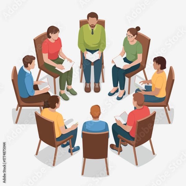 Fototapeta A diverse group of people sit in a circle participating in a therapy or support group session.