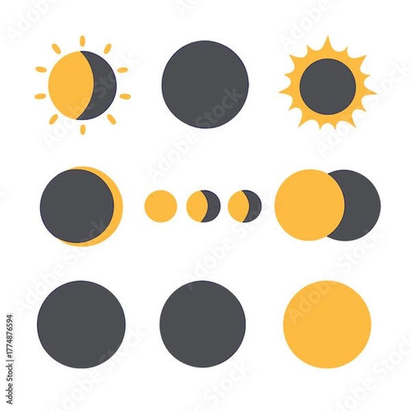 Obraz Solar Eclipse Icons. Flat icon set of solar eclipse: sun half covered, moon silhouette, corona rays, diamond