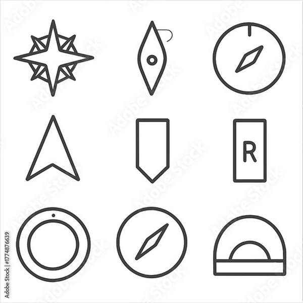 Fototapeta Compass Icons Grid. Outline icon set of compass instruments: compass rose, magnetic needle, graduation circle,