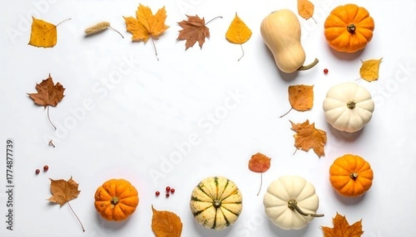 Obraz Autumnal Still Life - Pumpkins and Leaves on White Background.