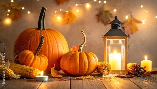 Fototapeta Autumn Harvest Still Life with Pumpkins and Lantern.
