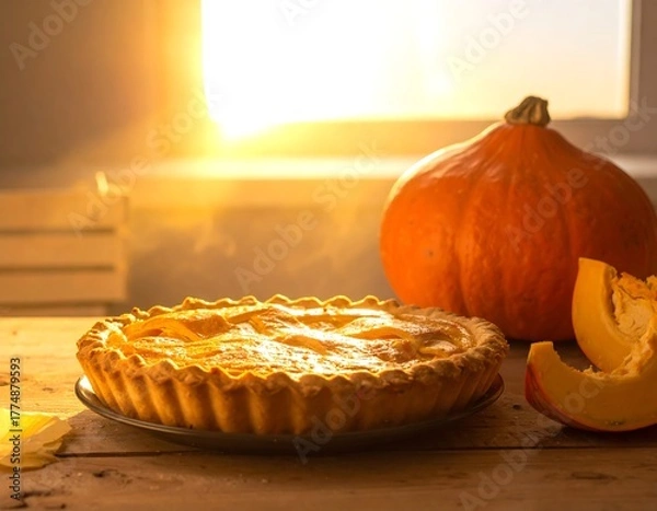 Obraz Warm Autumnal Delight - Pumpkin Pie and Fresh Pumpkin.