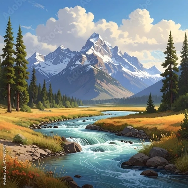 Obraz Majestic Mountain Landscape with Flowing River and Evergreen Trees.