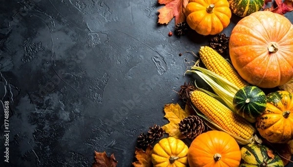 Obraz Autumn Harvest Still Life with Pumpkins and Corn.