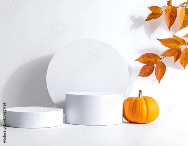Fototapeta Autumn Product Display - Minimalist White Podium with Pumpkin and Leaves.