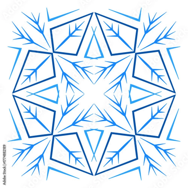 Obraz Geometric mandala star pattern. Ornate blue snowflake on white background. Blue ornamental ethnic design element. Stylized runes ornament vector illustration.