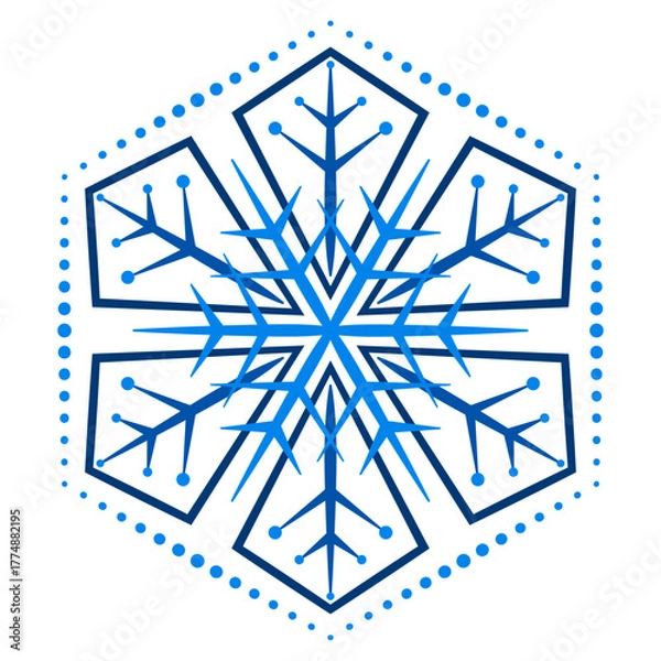 Obraz Ornate blue snowflake on white background. Ornamental winter fantasy design element. Elegant geometric mandala star pattern. Christmas snowflake ornament.
