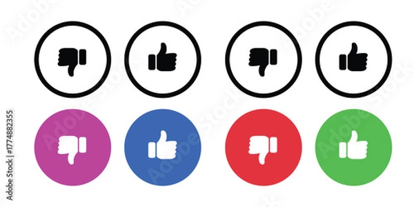 Obraz A vector set of Thumbs Up and Thumbs Down icons in various colors (blue, red, green, purple, black). Ideal for social media, voting systems, feedback, user ratings, and web buttons.