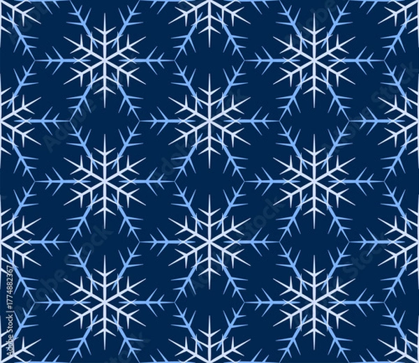 Obraz Blue white geometric background of snowflakes on dark blue background. Winter geometry seamless pattern. Snowflakes with six sharp rays. Traditional Christmas decor.
