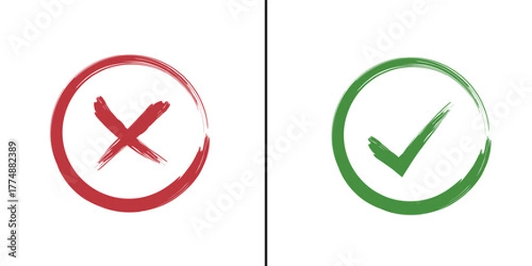 Obraz Hand-Drawn Check Mark and X Icon Set: Brushstroke, Grunge Tick, Cross Symbols